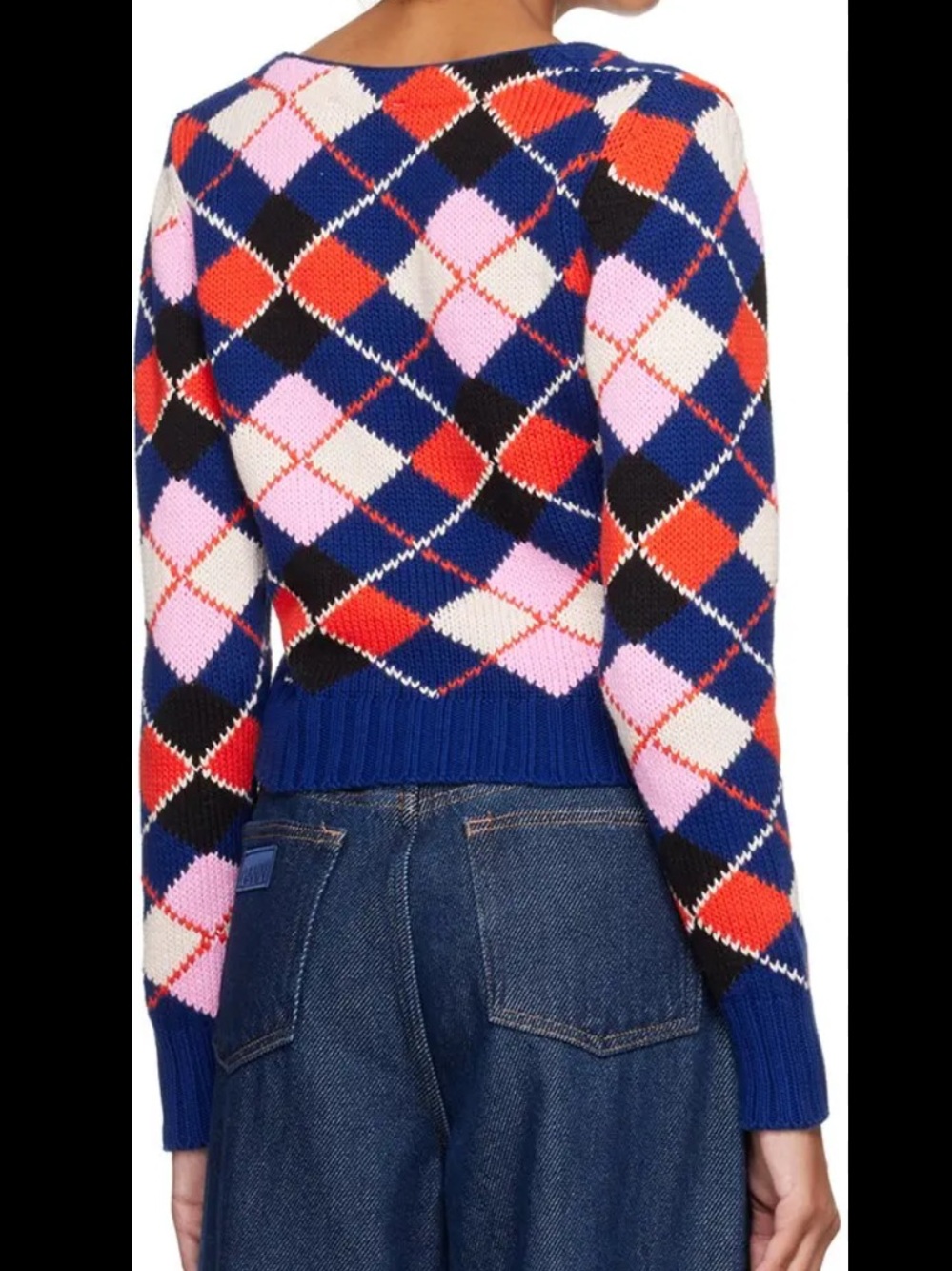 Ganni Blue Argyle V-Neck Cardigan with Pink and Red Accents - Picture 4 of 14